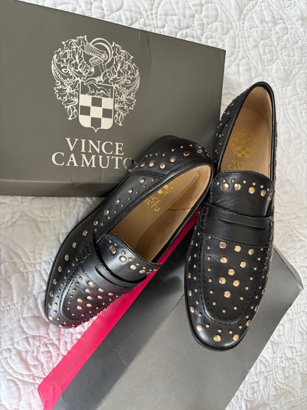 Vince Camuto Black Leather Studded Penny Loafers